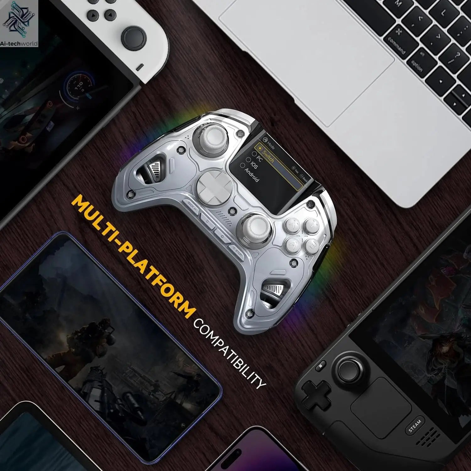 Interactive Screen Wireless Gaming Controller for Switch/PC/iOS/Android Hall Effect Stick RGB Light 1800mAh with Charging Dock Ai-TechWorld 