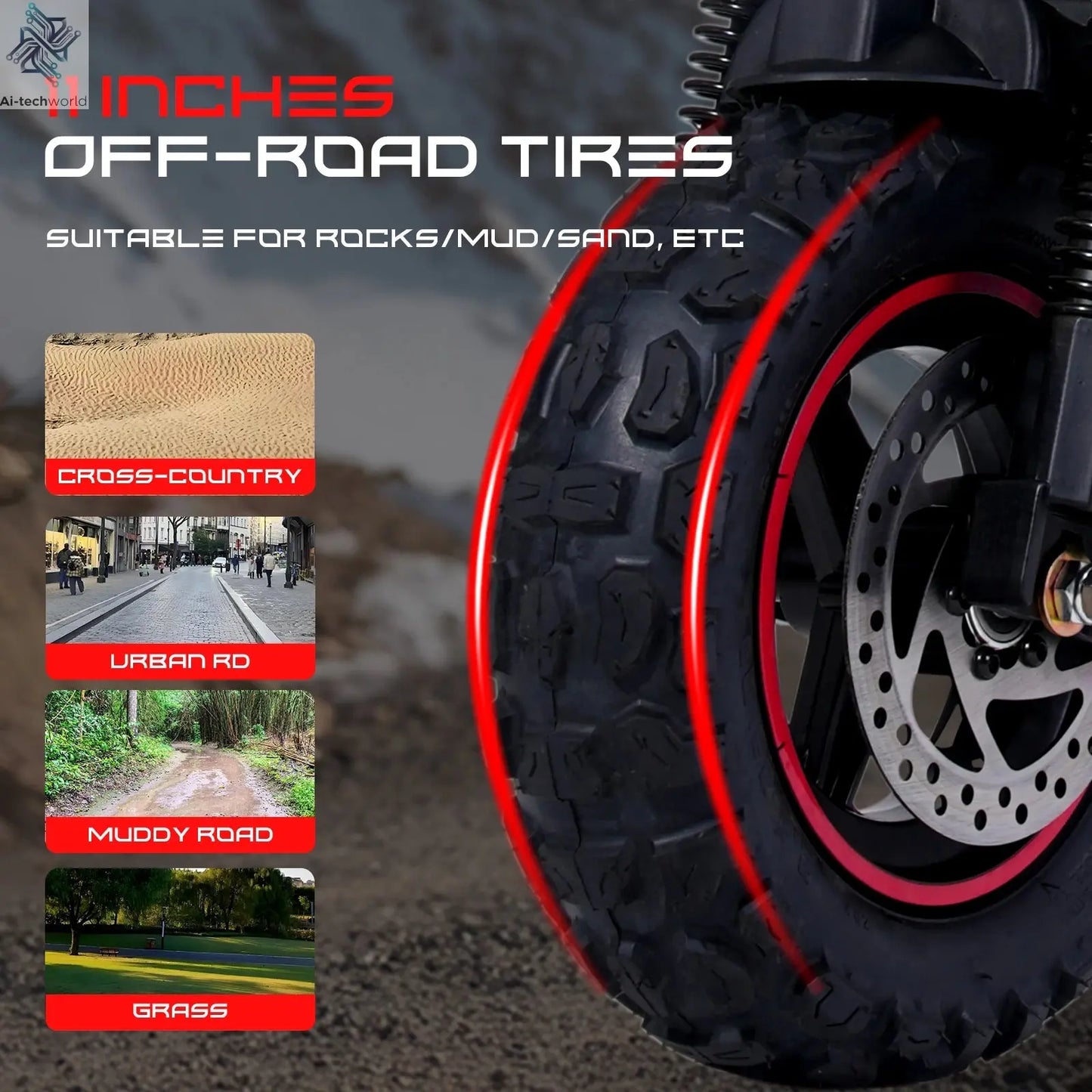 J11 Electric Scooters USA Warehouse 1200W Brushless Motor 48V18ah Electric scooter adult Max Speed 34Mile 11'' Off-road Tires Ai-TechWorld 
