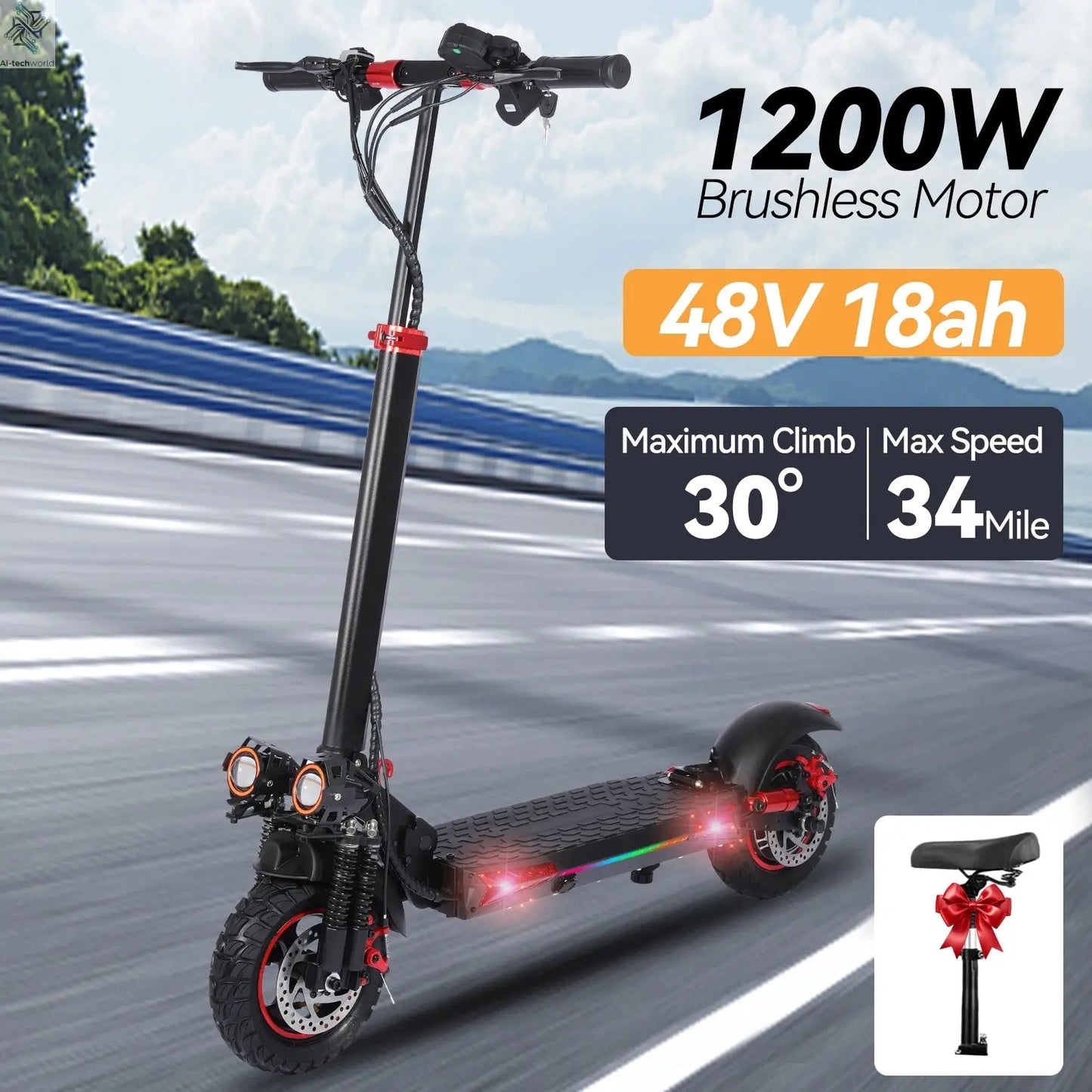 J11 Electric Scooters USA Warehouse 1200W Brushless Motor 48V18ah Electric scooter adult Max Speed 34Mile 11'' Off-road Tires Ai-TechWorld 