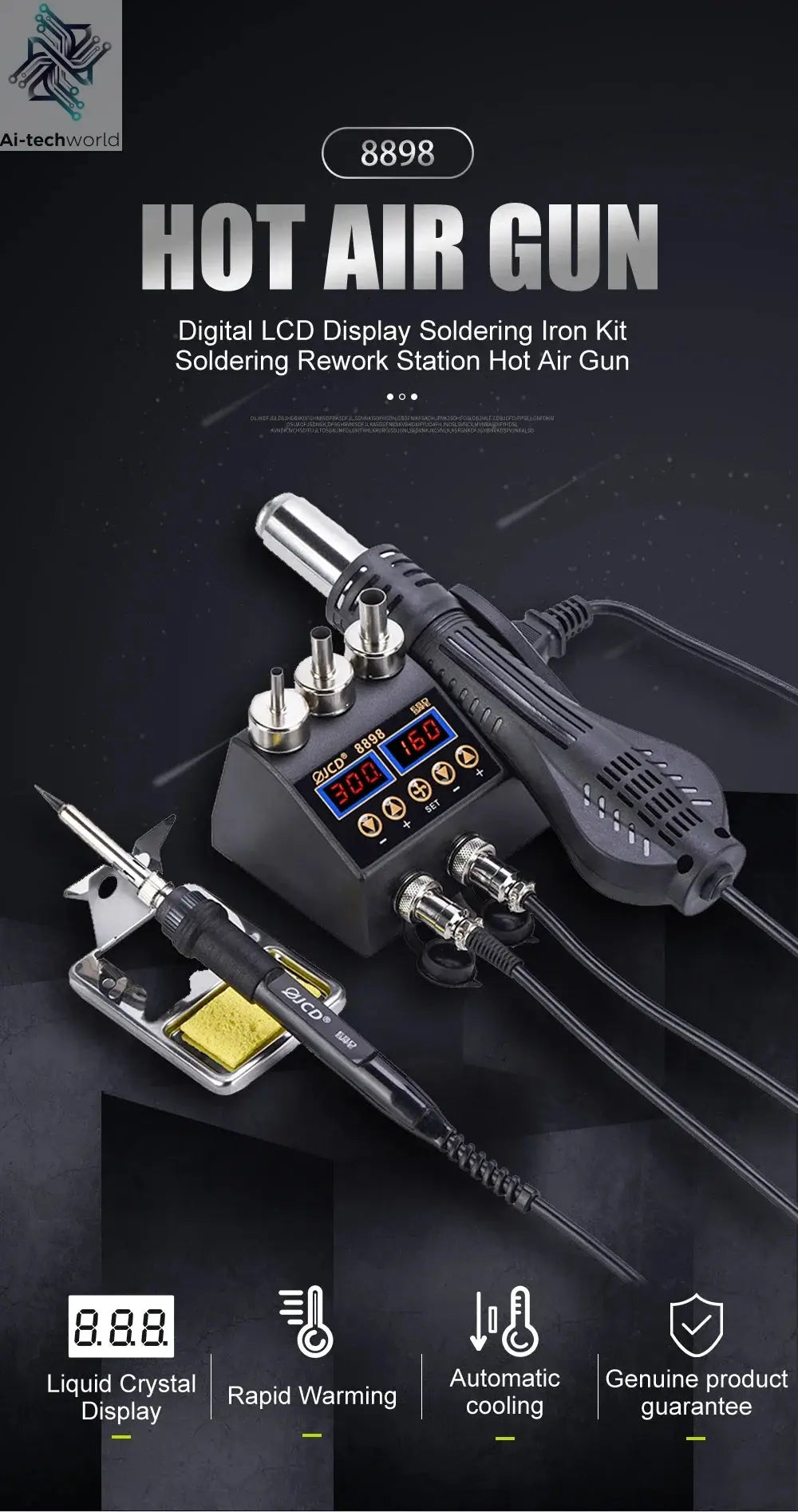JCD 750W 2 in 1 Soldering Station LCD Digital display Welding Rework Station for cell-phone BGA SMD IC Repair Solder tools 8898 - Ai-TechWorld