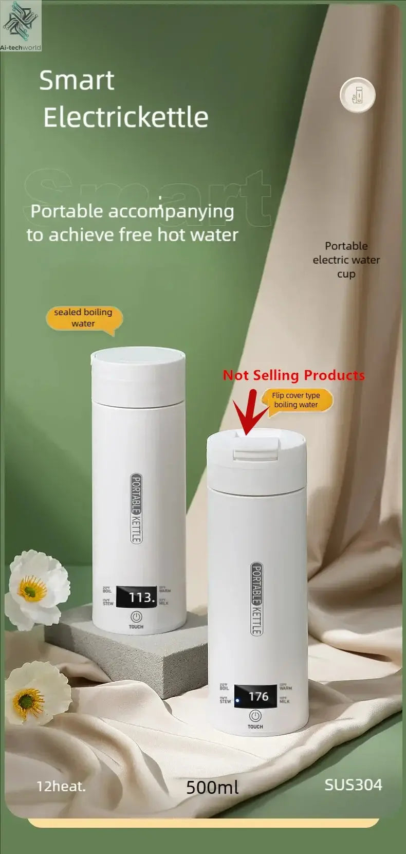 JFBONIN Electric Kettles Portable Tea Coffee Kettle Travel Boil Water Thermal Cup Anti-Scald Water Bottle English Menu - Ai-TechWorld