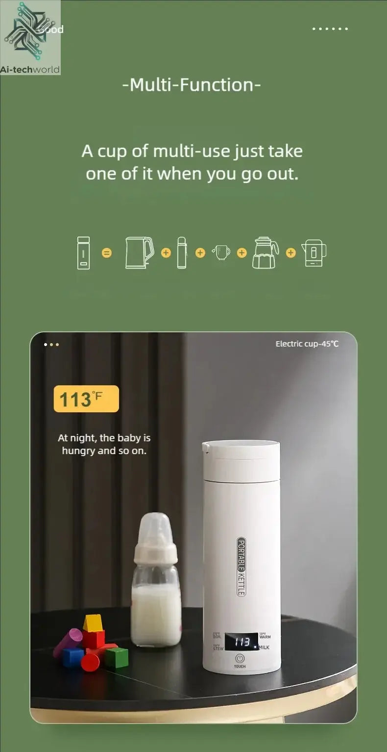 JFBONIN Electric Kettles Portable Tea Coffee Kettle Travel Boil Water Thermal Cup Anti-Scald Water Bottle English Menu - Ai-TechWorld