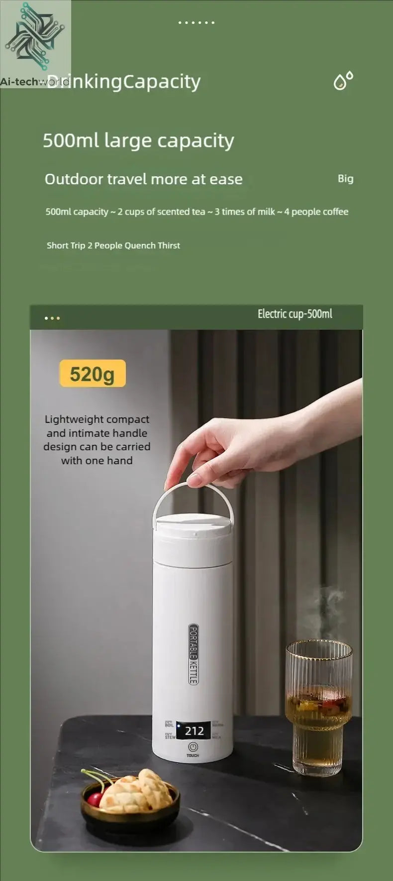 JFBONIN Electric Kettles Portable Tea Coffee Kettle Travel Boil Water Thermal Cup Anti-Scald Water Bottle English Menu - Ai-TechWorld