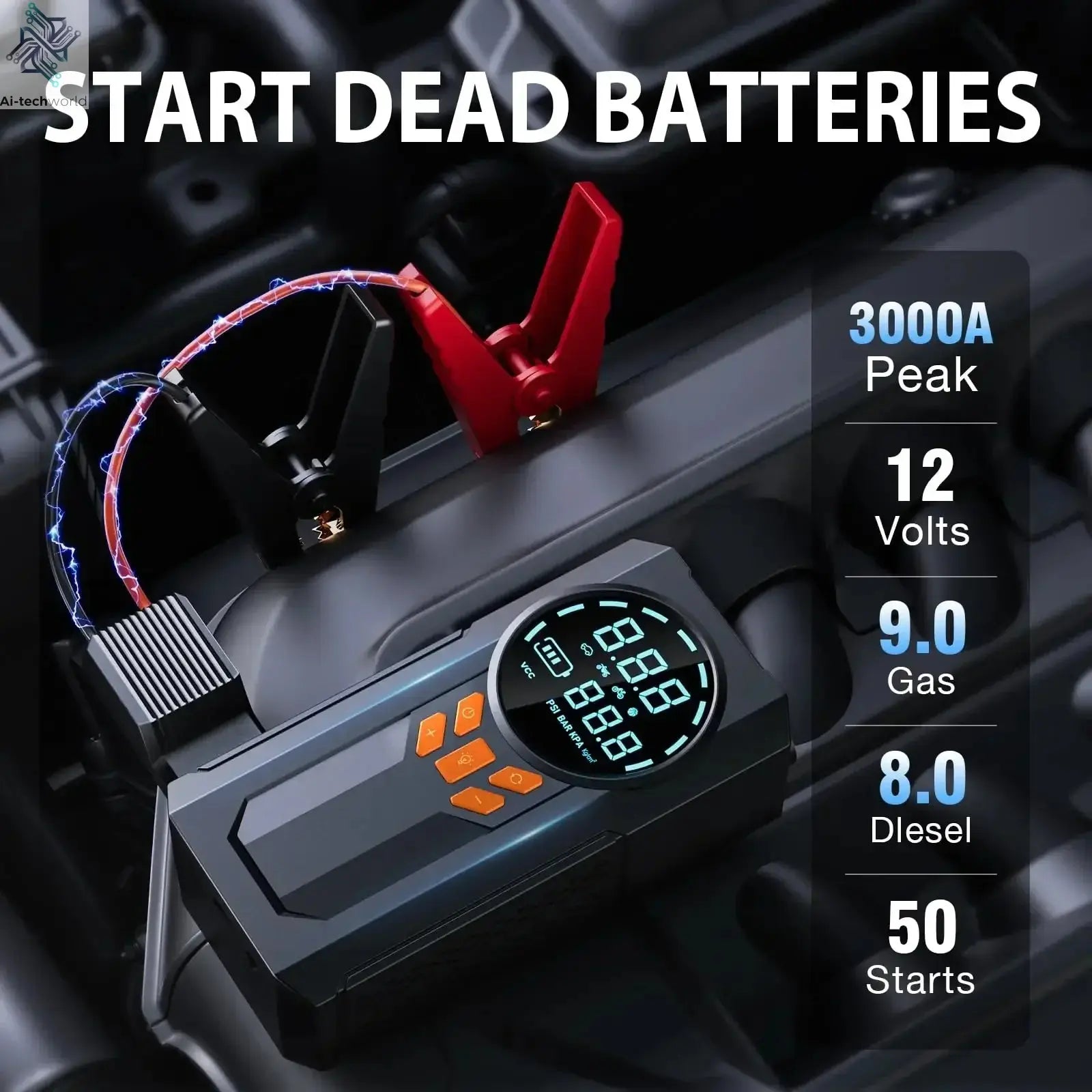 JKUOO 3000A Car Jump Starter Portable Power Bank Car Battery Booster 12V Car Starting Device for Petrol 7.0L Diesel 5.5L Ai-TechWorld 