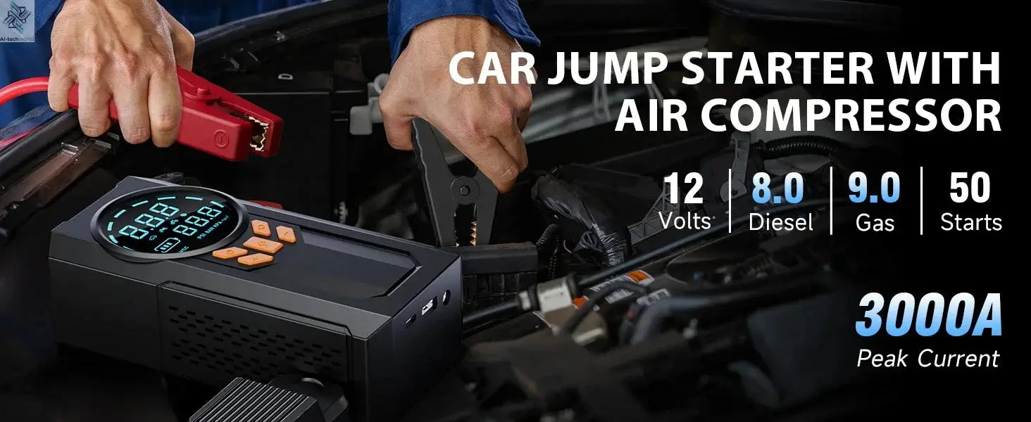 JKUOO 3000A Car Jump Starter Portable Power Bank Car Battery Booster 12V Car Starting Device for Petrol 7.0L Diesel 5.5L Ai-TechWorld 