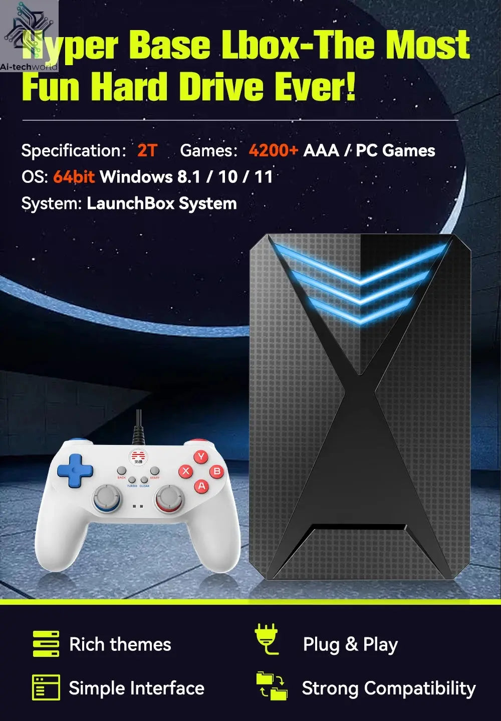 JMachen Launchbox 2TB Portable Gaming HDD with 4200+ 3D/PC Games Retro Game Console for PS4/PS3/PS2/Switchwith 4200+ PC/3D Games Ai-TechWorld 