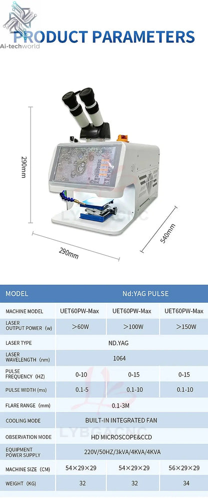 Jewelry Spot Welding Machine ND YAG Laser Touch Screen 60W 100W 150W 200W MINI Laser Soldering With CCD Control System Microscop Ai-TechWorld