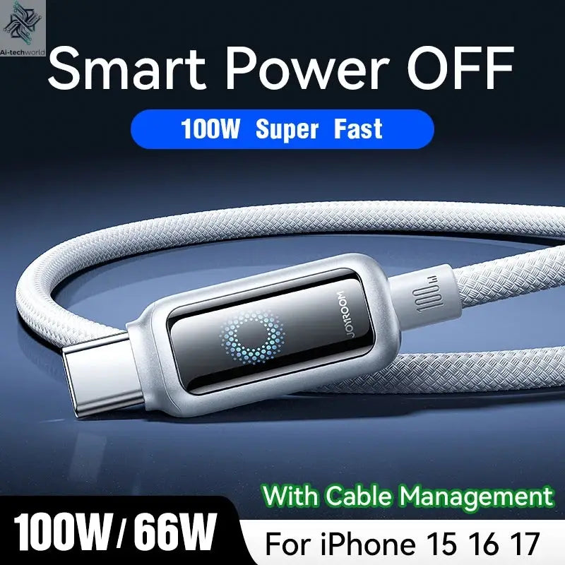 Joyroom 100W USB C Cable Automatic Power Off Fast Charge Type C Cable For iPhone 16 15 Pro Max  Xiaomi Sumsang Huawei Ai-TechWorld 