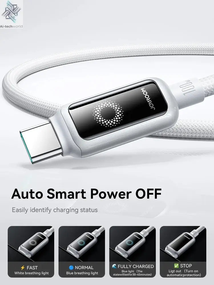Joyroom 100W USB C Cable Automatic Power Off Fast Charge Type C Cable For iPhone 16 15 Pro Max  Xiaomi Sumsang Huawei Ai-TechWorld 