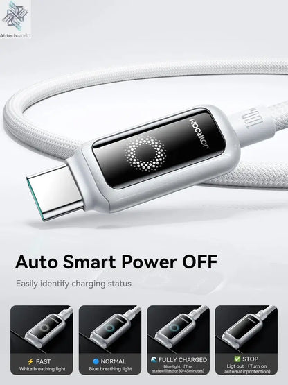 Joyroom 100W USB C Cable Automatic Power Off Fast Charge Type C Cable For iPhone 16 15 Pro Max  Xiaomi Sumsang Huawei Ai-TechWorld 