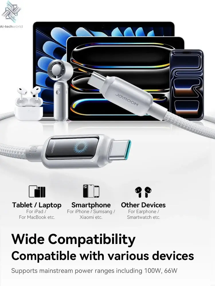 Joyroom 100W USB C Cable Automatic Power Off Fast Charge Type C Cable For iPhone 16 15 Pro Max  Xiaomi Sumsang Huawei Ai-TechWorld 