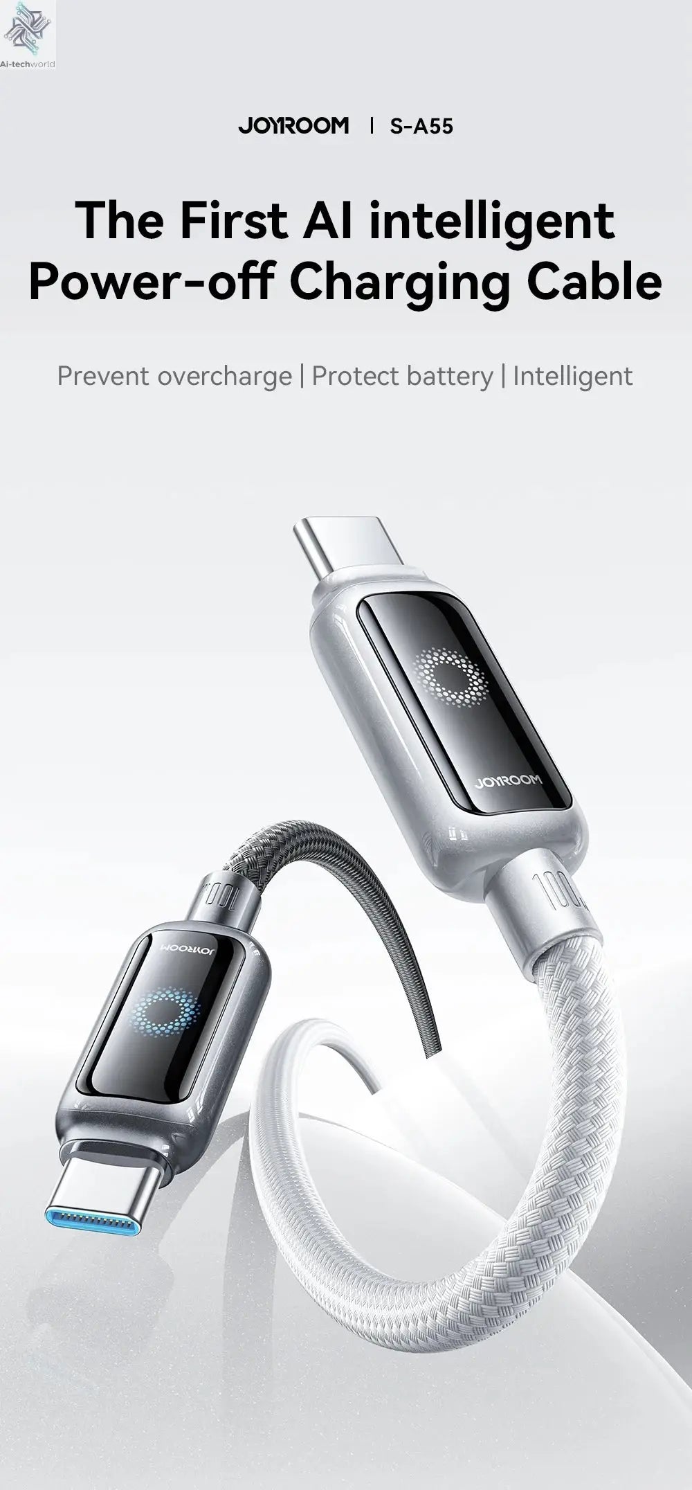Joyroom 100W USB C Cable Automatic Power Off Fast Charge Type C Cable For iPhone 16 15 Pro Max  Xiaomi Sumsang Huawei Ai-TechWorld 
