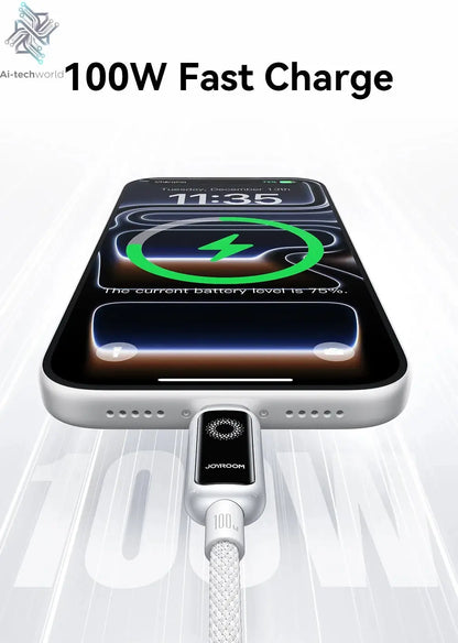Joyroom 100W USB C Cable Automatic Power Off Fast Charge Type C Cable For iPhone 16 15 Pro Max  Xiaomi Sumsang Huawei Ai-TechWorld 