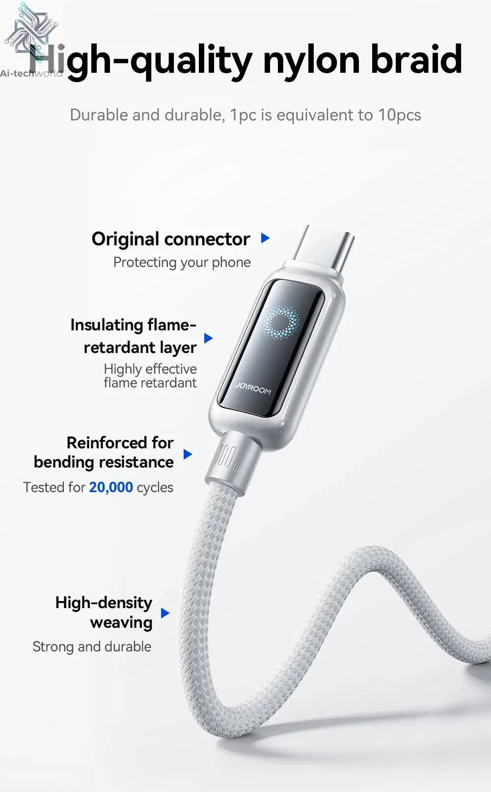 Joyroom 100W USB C Cable Automatic Power Off Fast Charge Type C Cable For iPhone 16 15 Pro Max  Xiaomi Sumsang Huawei Ai-TechWorld 
