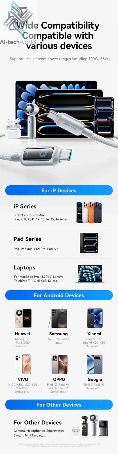 Joyroom 100W USB C Cable Automatic Power Off Fast Charge Type C Cable For iPhone 16 15 Pro Max  Xiaomi Sumsang Huawei Ai-TechWorld 