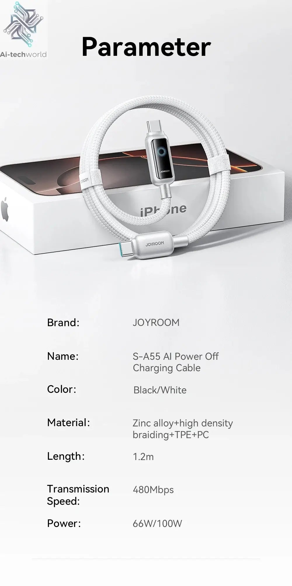 Joyroom 100W USB C Cable Automatic Power Off Fast Charge Type C Cable For iPhone 16 15 Pro Max  Xiaomi Sumsang Huawei Ai-TechWorld 