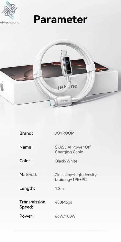 Joyroom 100W USB C Cable Automatic Power Off Fast Charge Type C Cable For iPhone 16 15 Pro Max  Xiaomi Sumsang Huawei Ai-TechWorld 