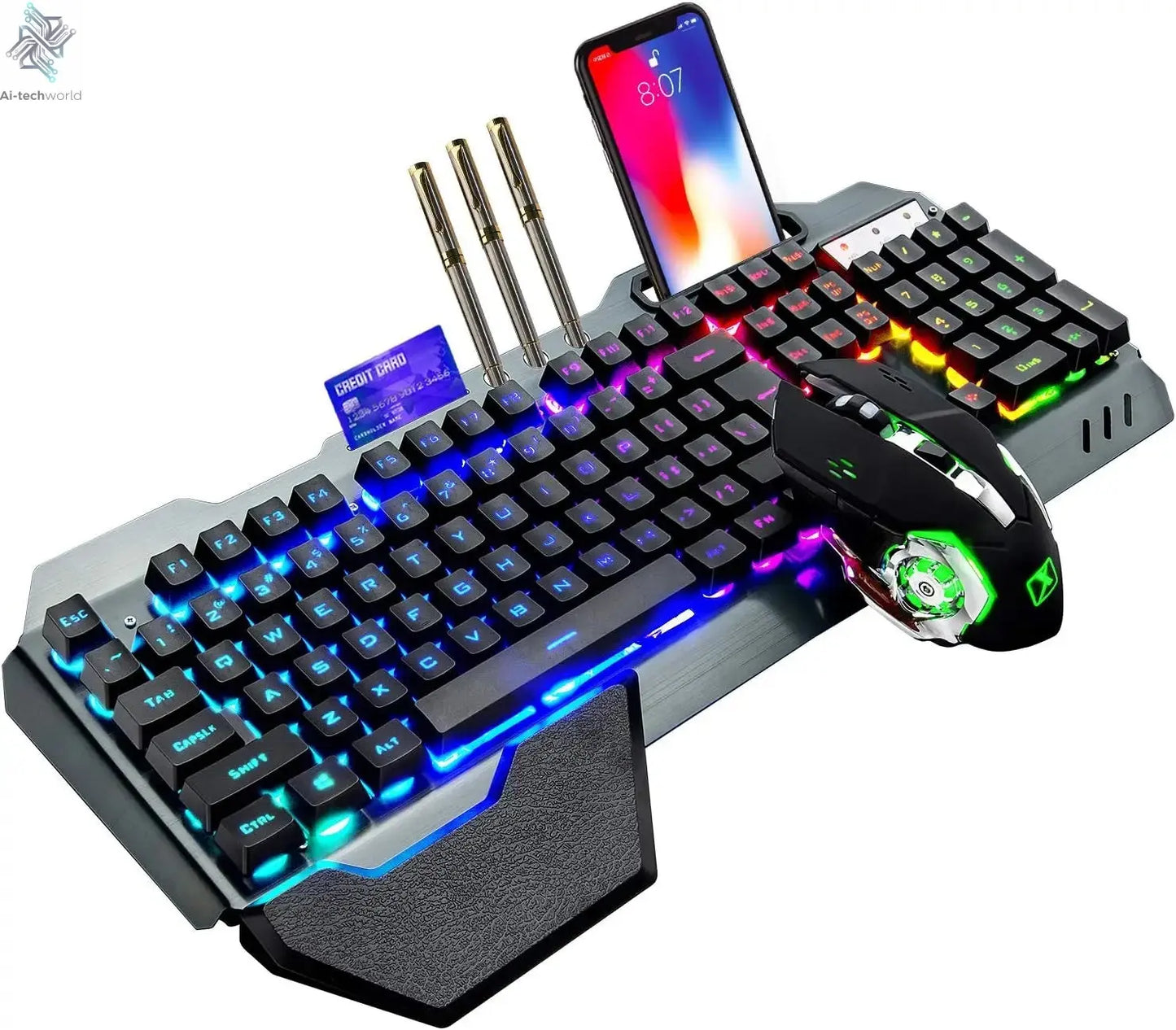 K680 Wireless Gaming Keyboard and Mouse Combo,Rainbow LED Backlit Keyboard with Rechargeable 3800mAh Battery Metal Panel Ai-TechWorld 
