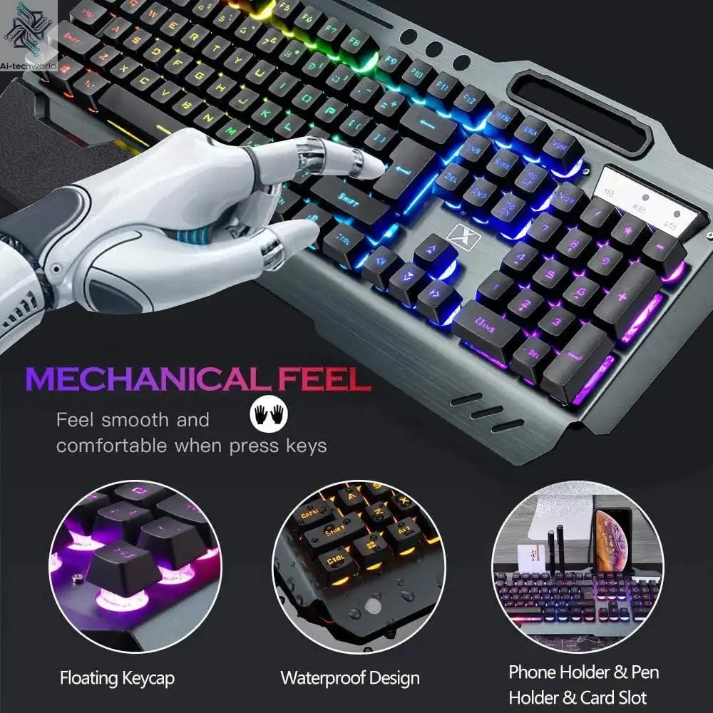 K680 Wireless Gaming Keyboard and Mouse Combo,Rainbow LED Backlit Keyboard with Rechargeable 3800mAh Battery Metal Panel Ai-TechWorld 