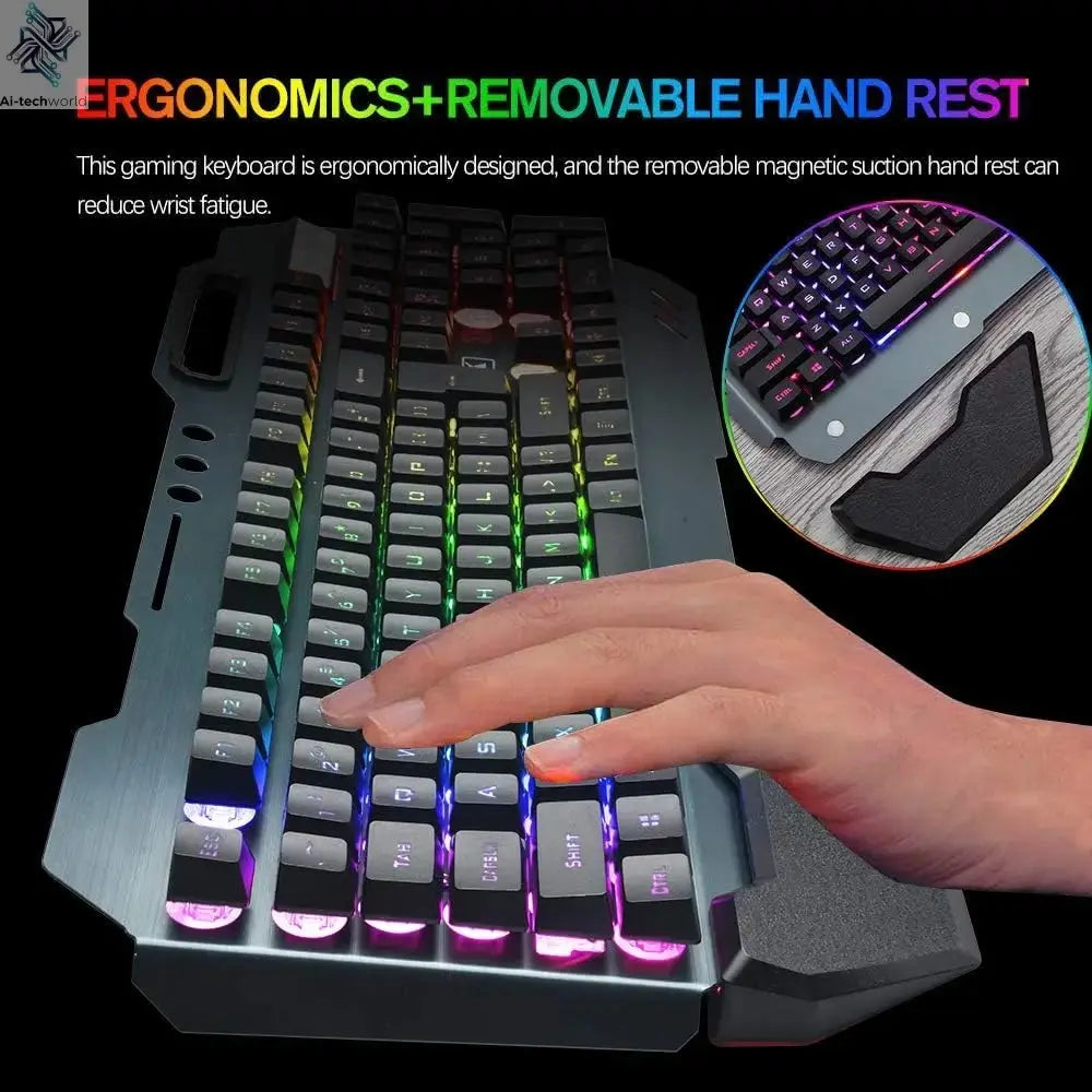 K680 Wireless Gaming Keyboard and Mouse Combo,Rainbow LED Backlit Keyboard with Rechargeable 3800mAh Battery Metal Panel Ai-TechWorld 