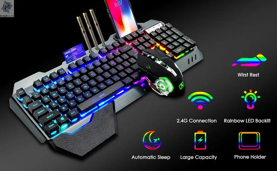 K680 Wireless Gaming Keyboard and Mouse Combo,Rainbow LED Backlit Keyboard with Rechargeable 3800mAh Battery Metal Panel Ai-TechWorld 