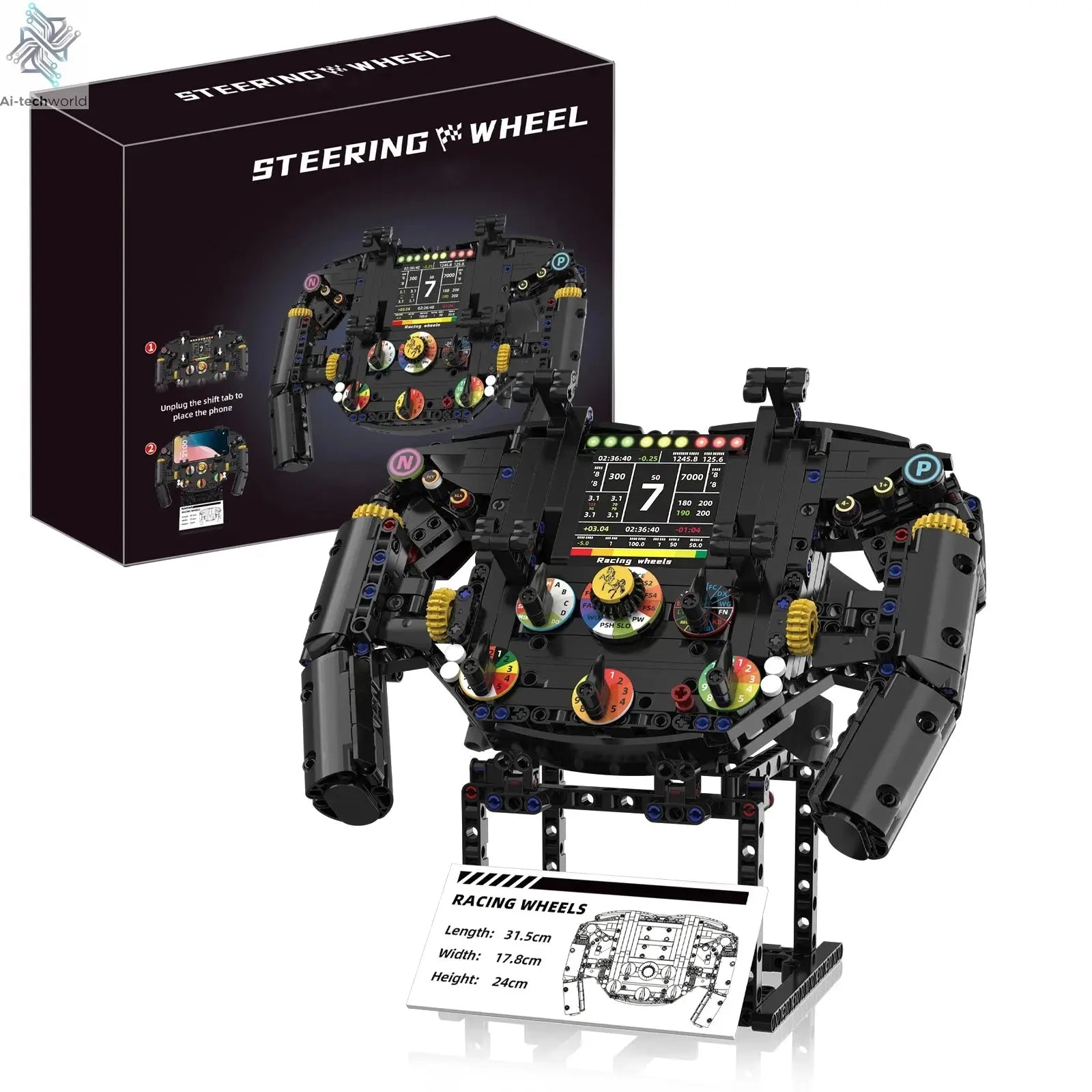 K96217 Formula One steering wheel building blocks, DIY model assembly, remote control phone holder, children's toy gift Ai-TechWorld 