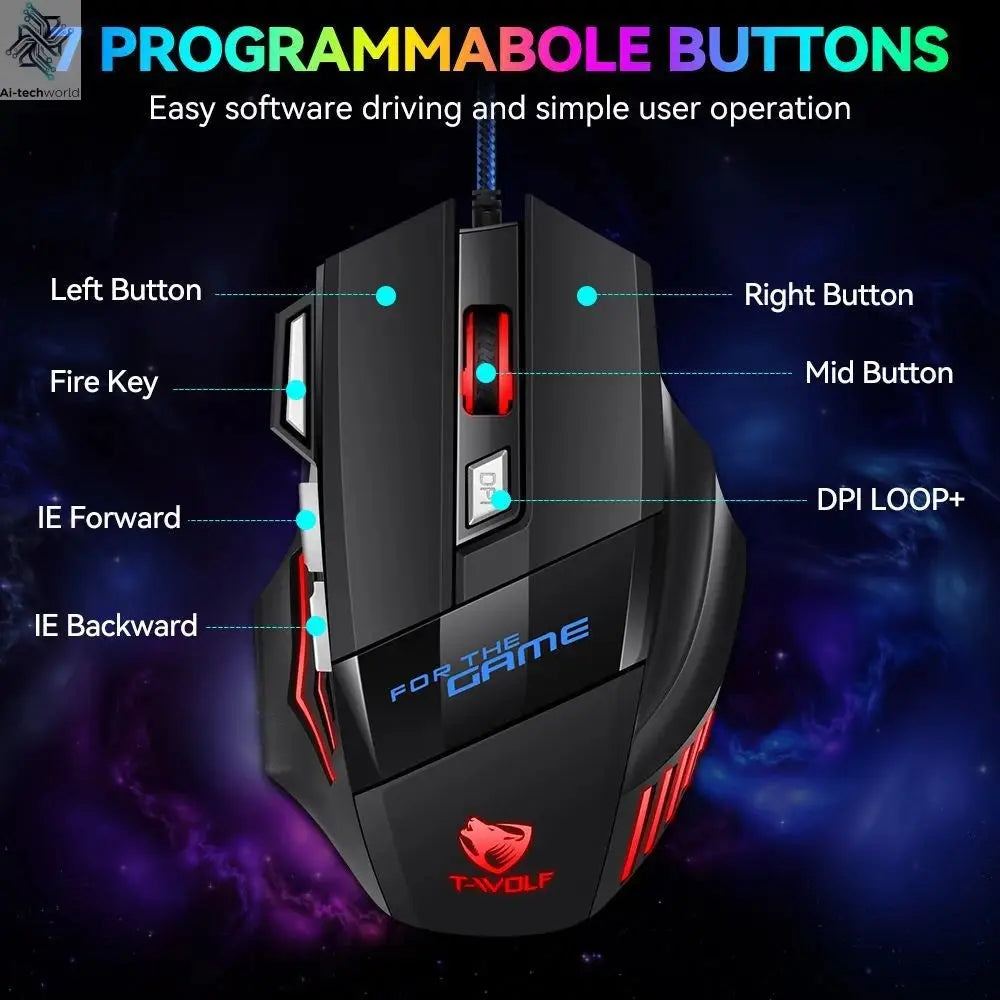 KEBIDUMEI 7 Buttons USB Wired Mouse RGB Backlit Mouse Ergonomic Gaming Mouse Plug and Play For PC Computer Laptop Windows Mac OS Ai-TechWorld 
