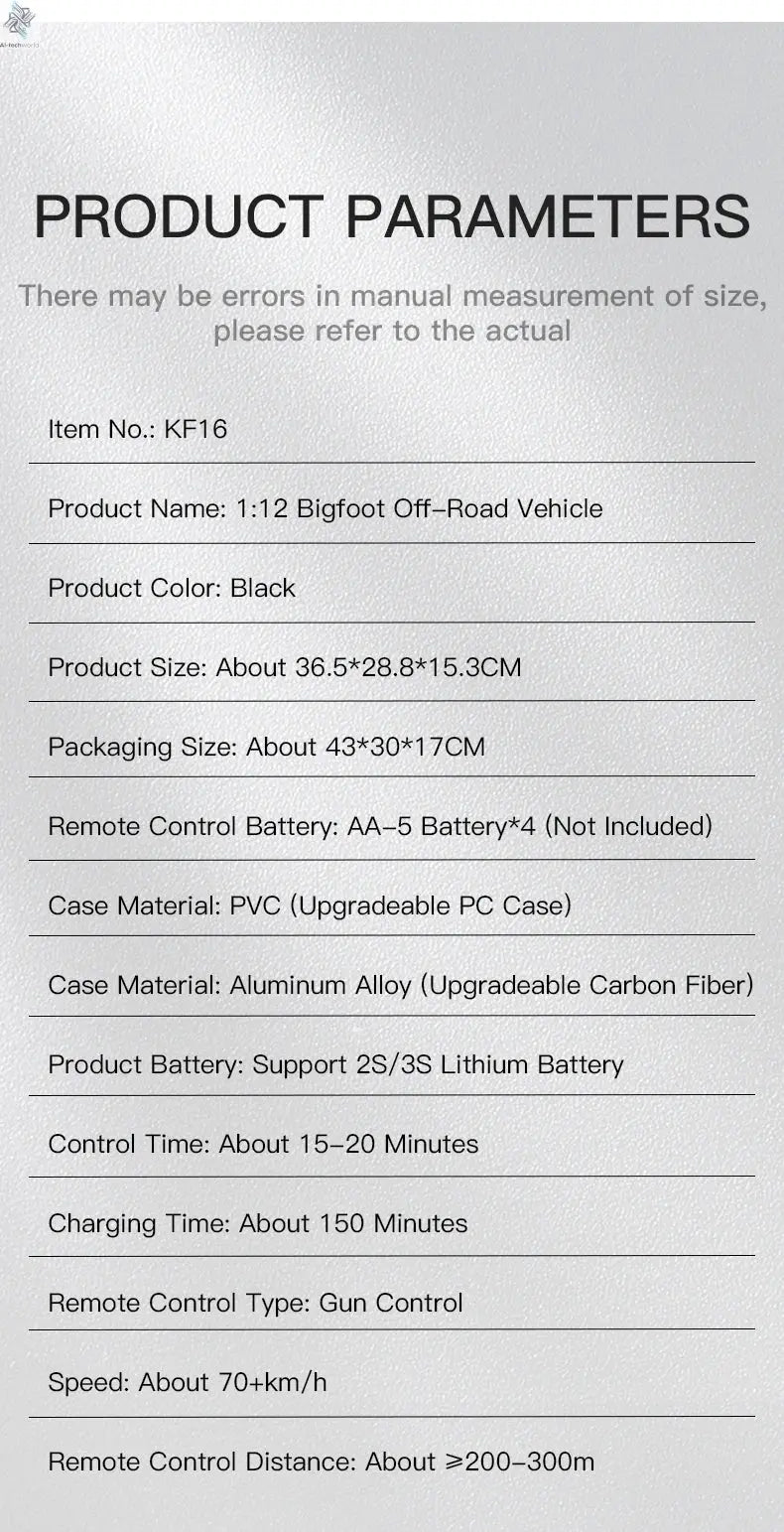 KF16 1:12 High Speed Drift Racing 70KM/H Brushless Motor 4WD 3S 3200mah RC Off Road Car Monster Trucks Toys for For Kids Gifts Ai-TechWorld 