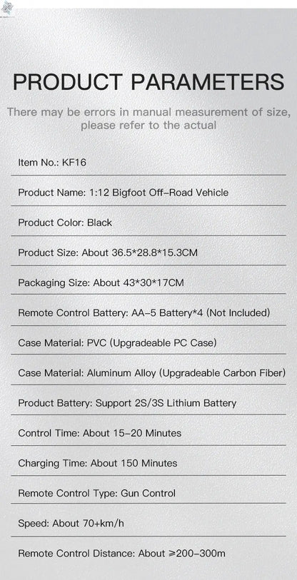 KF16 1:12 High Speed Drift Racing 70KM/H Brushless Motor 4WD 3S 3200mah RC Off Road Car Monster Trucks Toys for For Kids Gifts Ai-TechWorld 