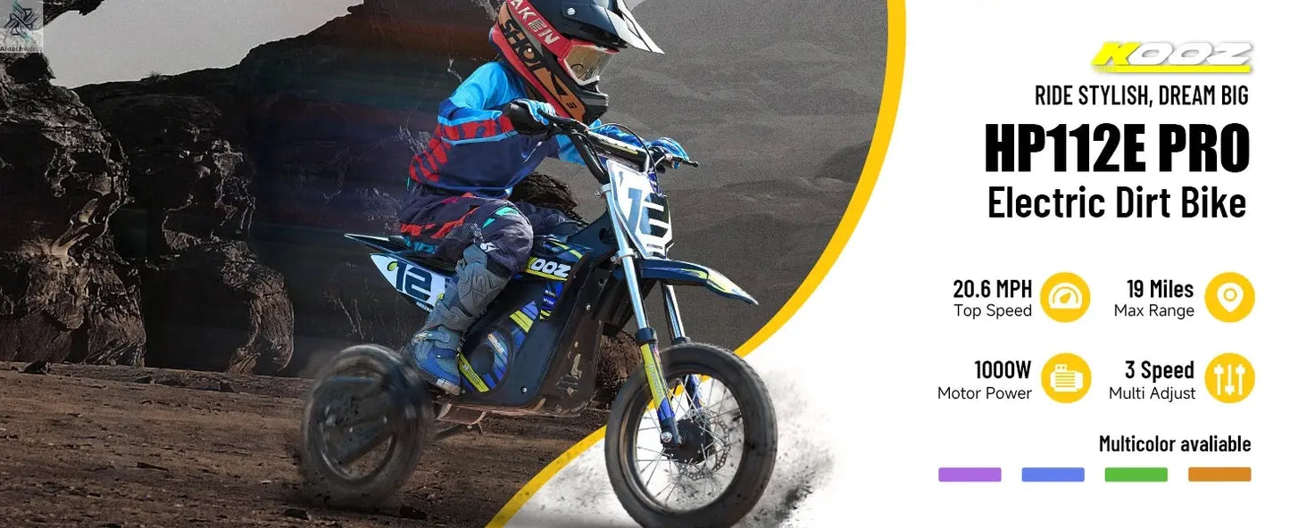 KOOZ HP112E PRO 36V 1000W Electric Motorcycle for Kids, Electric Dirt Bike Up to 20.6 MPH & 19 Miles Long-Range,UL 2849. Ai-TechWorld 