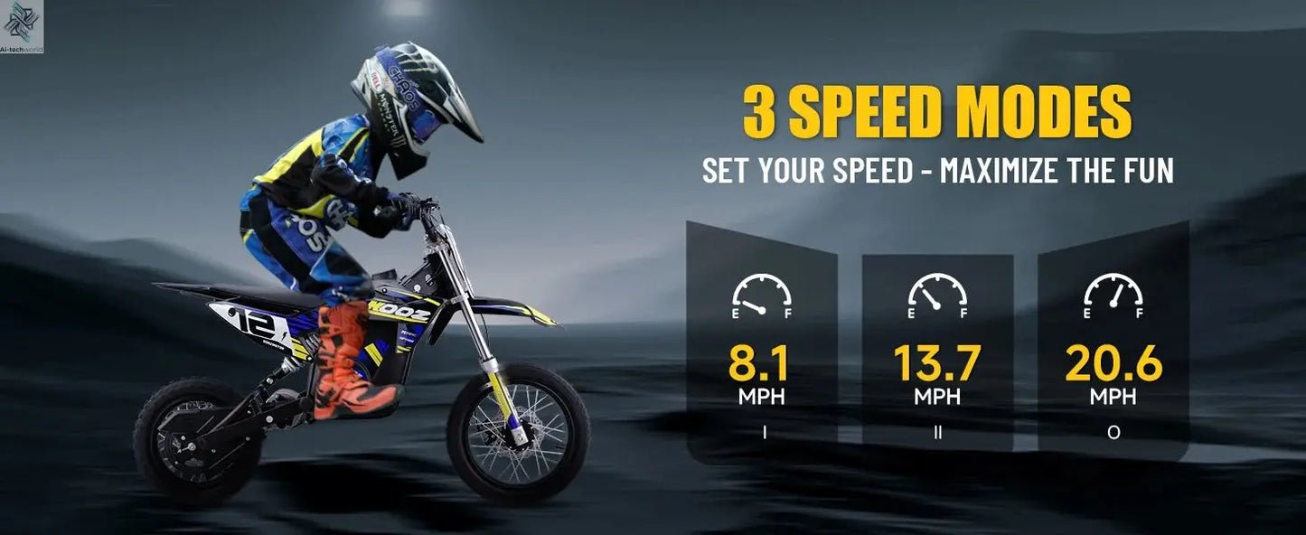 KOOZ HP112E PRO 36V 1000W Electric Motorcycle for Kids, Electric Dirt Bike Up to 20.6 MPH & 19 Miles Long-Range,UL 2849. Ai-TechWorld 