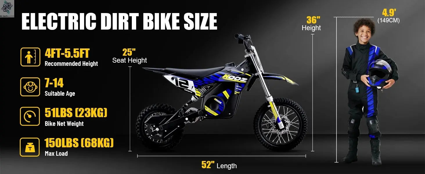 KOOZ HP112E PRO 36V 1000W Electric Motorcycle for Kids, Electric Dirt Bike Up to 20.6 MPH & 19 Miles Long-Range,UL 2849. Ai-TechWorld 