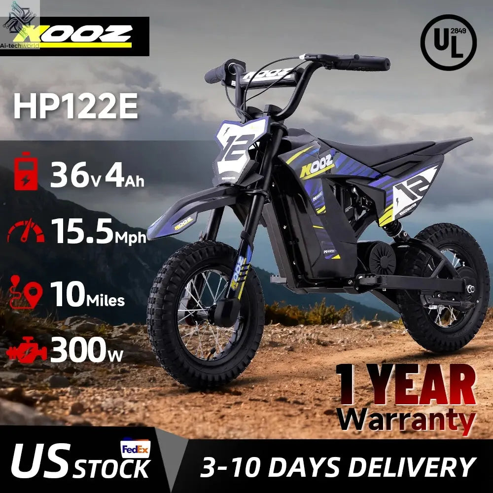 KOOZ HP122E Electric Dirt Bike 300W Motor 36V4AH Lithium Battery Electric Motorcycle Hydraulic Brake 12" Fat Tire Snow E-bike Ai-TechWorld 
