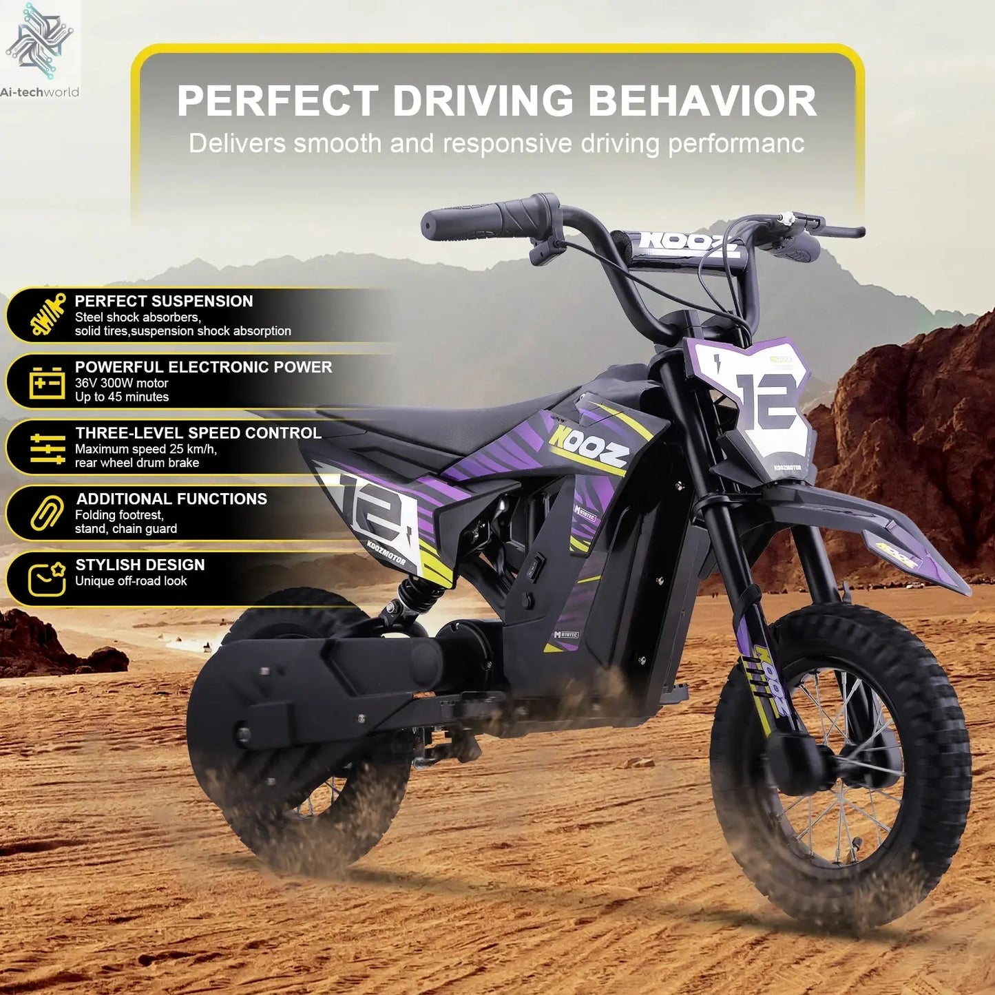 KOOZ HP122E Electric Dirt Bike 300W Motor 36V4AH Lithium Battery Electric Motorcycle Hydraulic Brake 12" Fat Tire Snow E-bike Ai-TechWorld 
