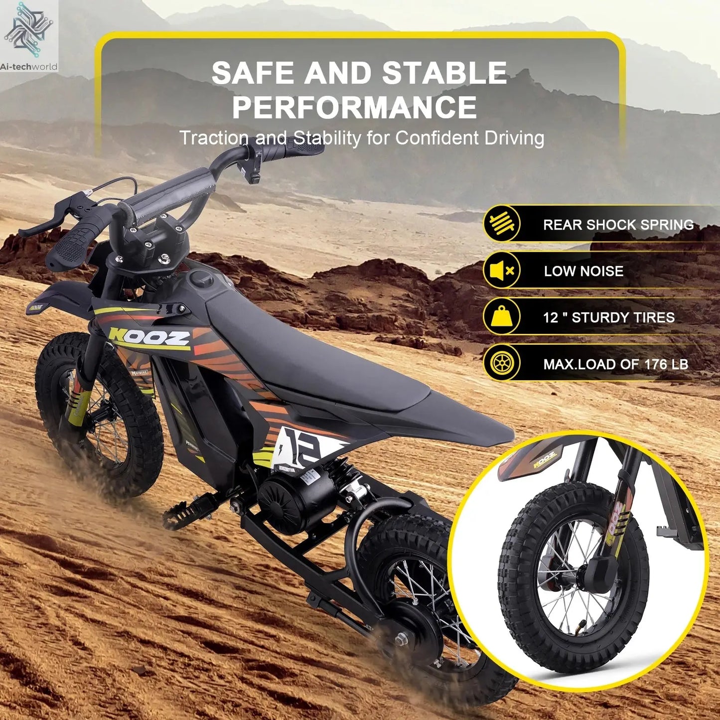 KOOZ HP122E Electric Dirt Bike 300W Motor 36V4AH Lithium Battery Electric Motorcycle Hydraulic Brake 12" Fat Tire Snow E-bike Ai-TechWorld 