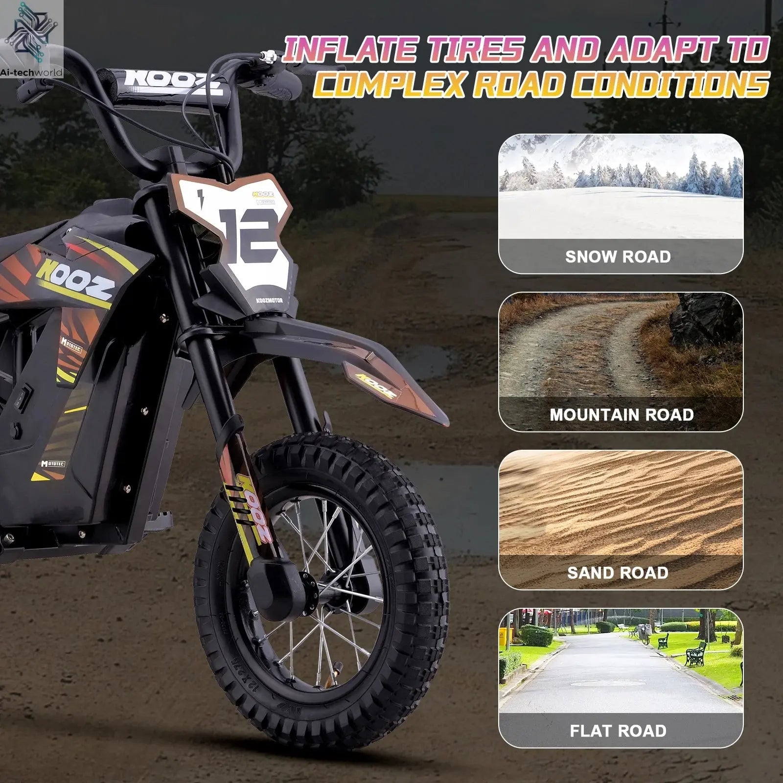 KOOZ HP122E Electric Dirt Bike 300W Motor 36V4AH Lithium Battery Electric Motorcycle Hydraulic Brake 12" Fat Tire Snow E-bike Ai-TechWorld 