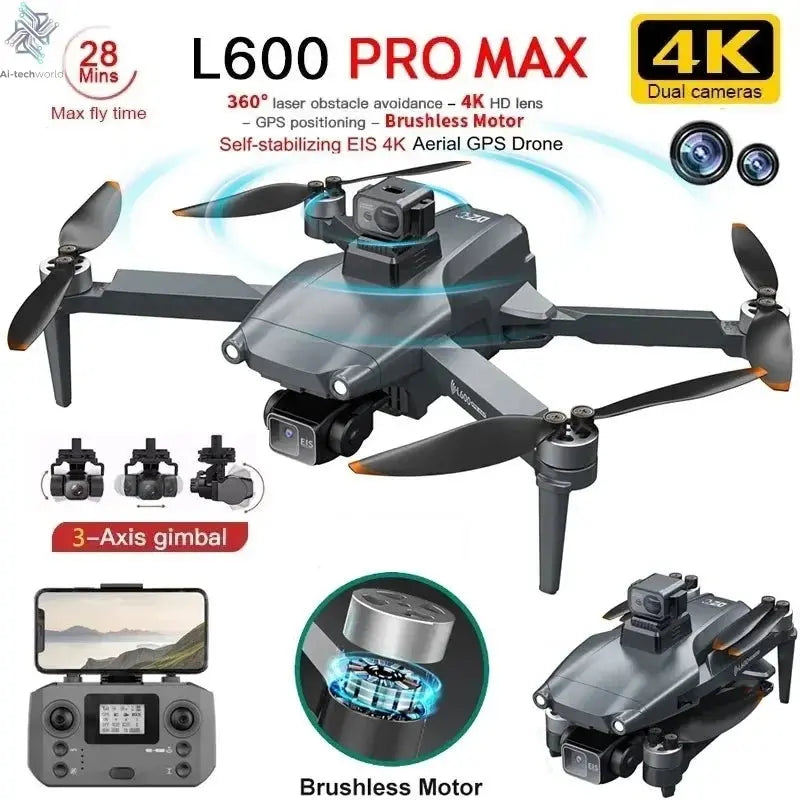 L600 PRO MAX GPS Drone Professional 4K 3-Axis PTZ HD Dual Camera Obstacle Avoidance Brushless Motor 5G WIFI RC Quadcopter Toys Ai-TechWorld