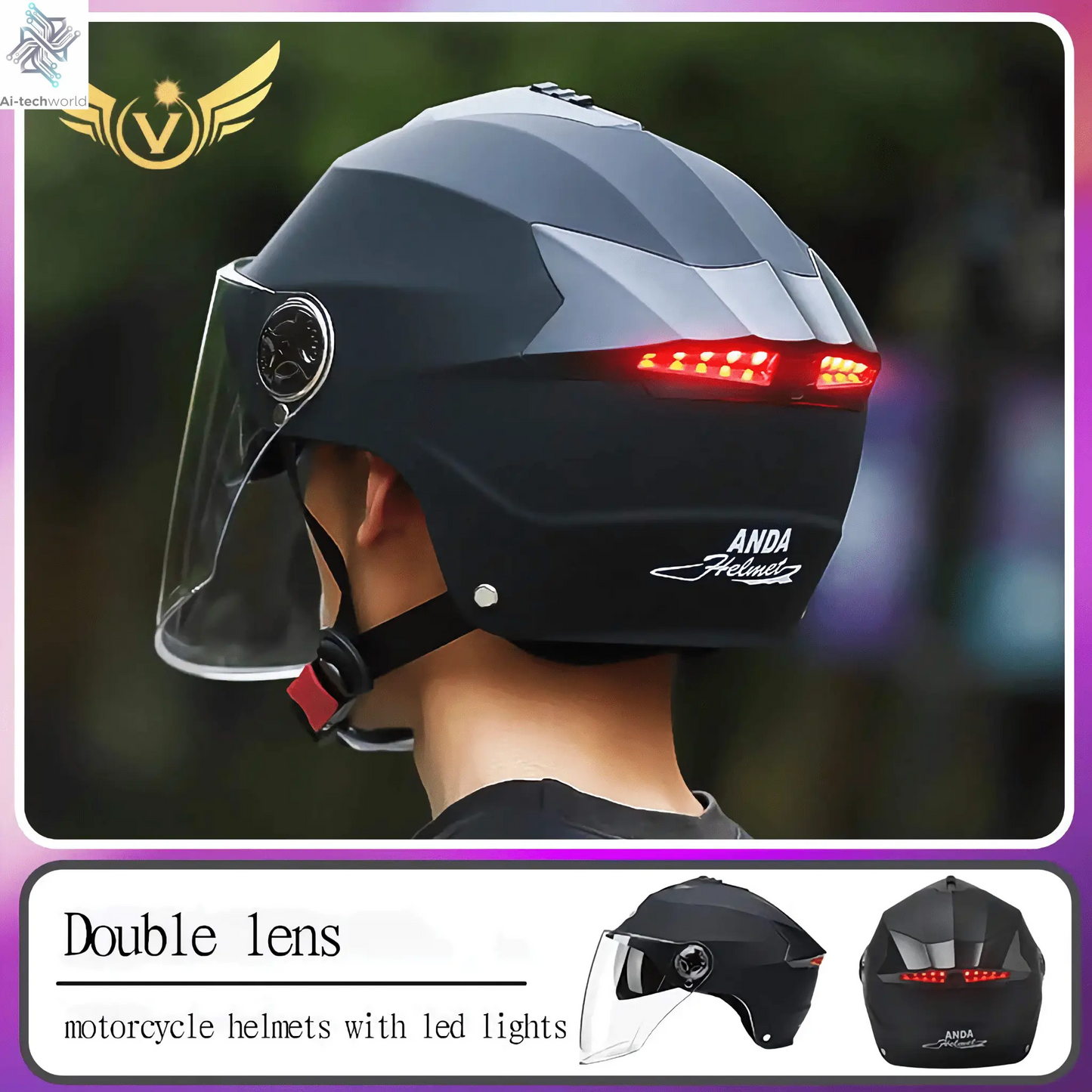 LED Motorcycle Helmet with Double Visor - Rechargeable Moped & Electric Scooter Safety Light Ai-TechWorld