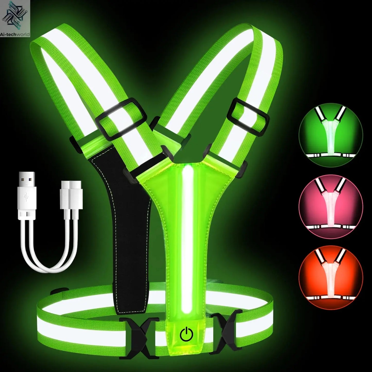 LED Running Vest USB Rechargeable Reflective Cycling Security Vest High Visibility Night Running Riding Clothing for Kids Adults Ai-TechWorld 