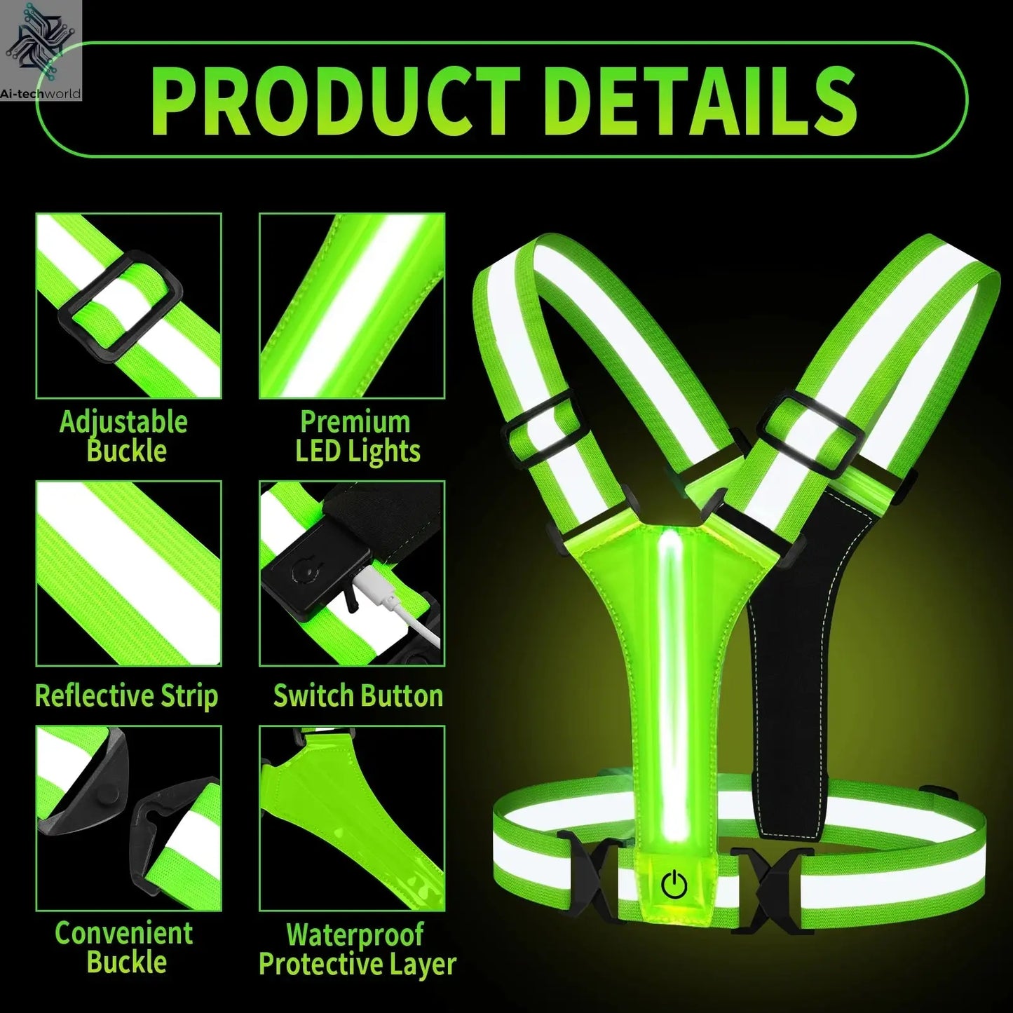 LED Running Vest USB Rechargeable Reflective Cycling Security Vest High Visibility Night Running Riding Clothing for Kids Adults Ai-TechWorld 