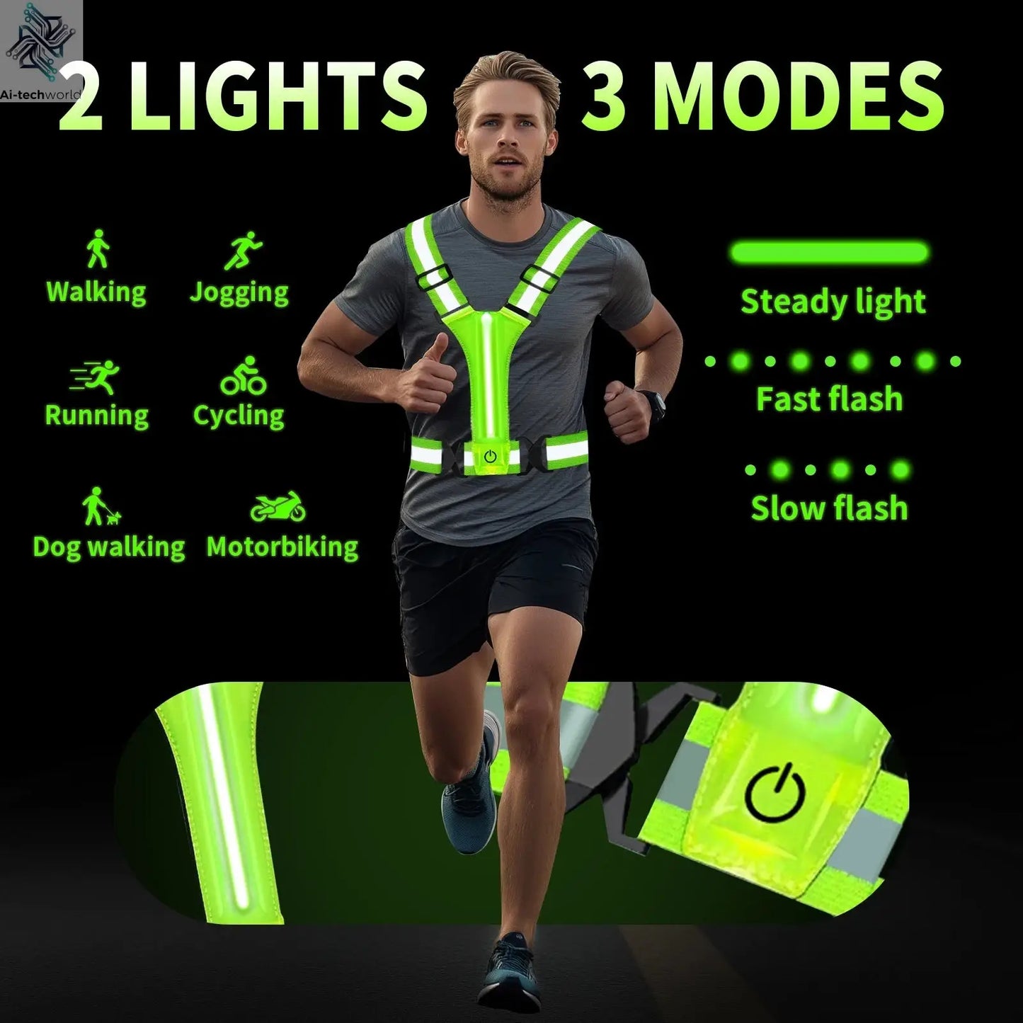 LED Running Vest USB Rechargeable Reflective Cycling Security Vest High Visibility Night Running Riding Clothing for Kids Adults Ai-TechWorld 