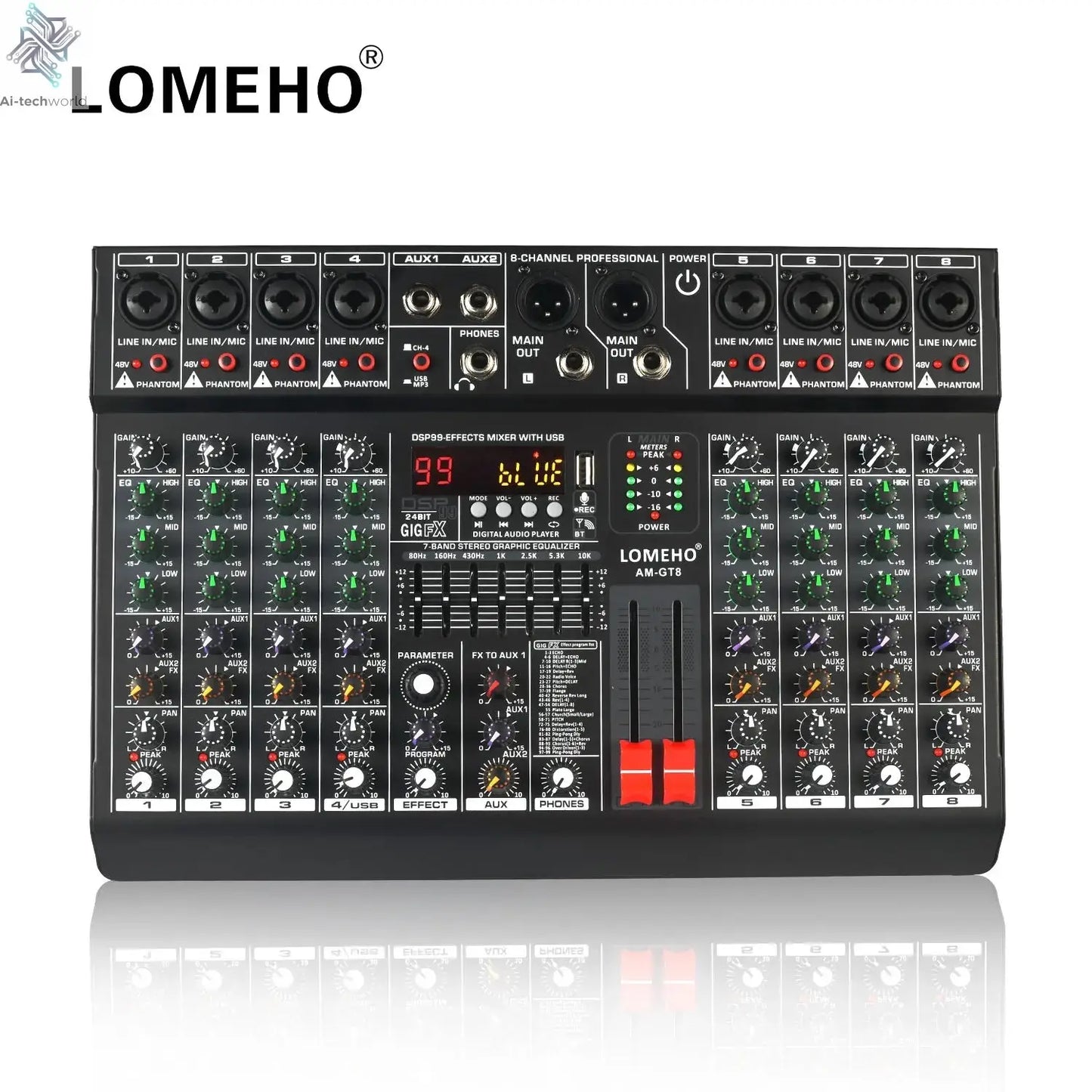 LOMEHO 8 Channels Mixing Console 99 DSP Effects 7 Band EQ 2 AUX Output 48V Audio Sound Mixer USB Bluetooth Dj Mix Table AM-GT8 Ai-TechWorld 