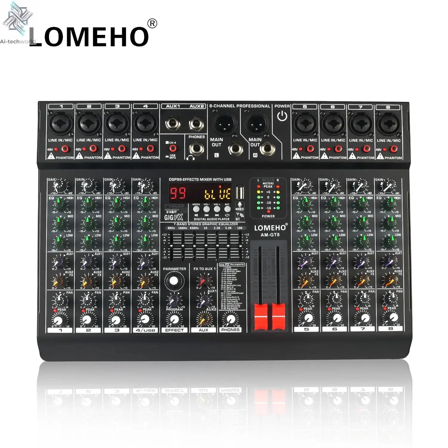 LOMEHO 8 Channels Mixing Console 99 DSP Effects 7 Band EQ 2 AUX Output 48V Audio Sound Mixer USB Bluetooth Dj Mix Table AM-GT8 Ai-TechWorld 