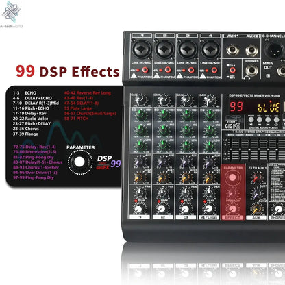 LOMEHO 8 Channels Mixing Console 99 DSP Effects 7 Band EQ 2 AUX Output 48V Audio Sound Mixer USB Bluetooth Dj Mix Table AM-GT8 Ai-TechWorld 