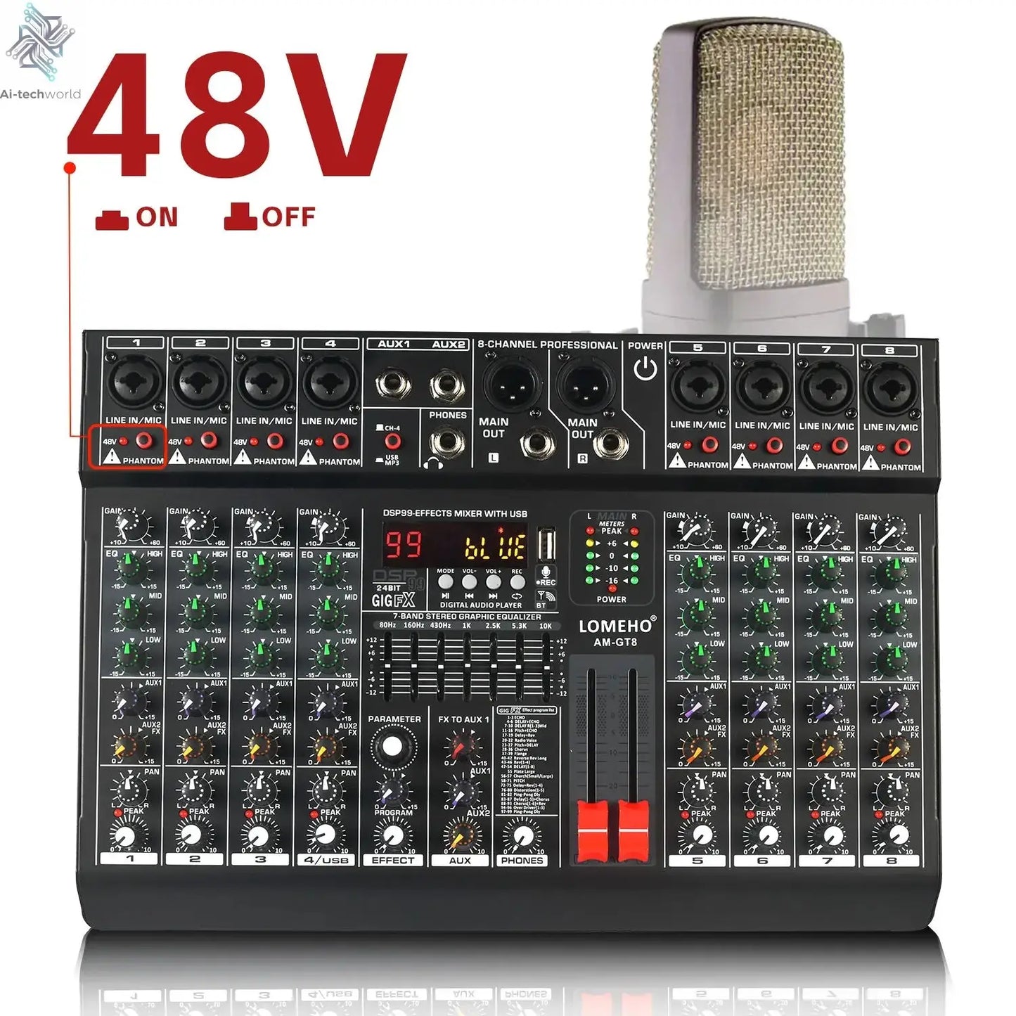 LOMEHO 8 Channels Mixing Console 99 DSP Effects 7 Band EQ 2 AUX Output 48V Audio Sound Mixer USB Bluetooth Dj Mix Table AM-GT8 Ai-TechWorld 
