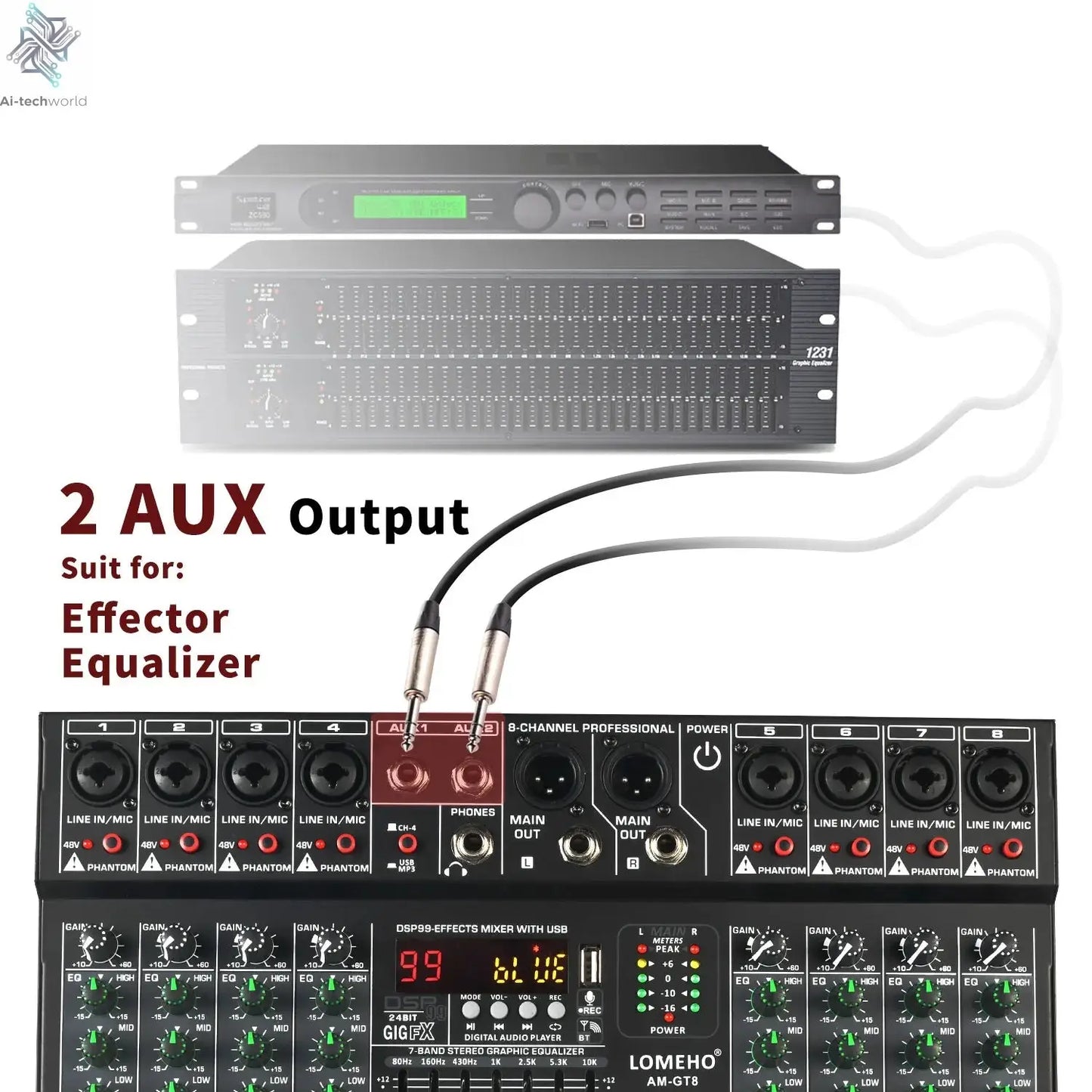 LOMEHO 8 Channels Mixing Console 99 DSP Effects 7 Band EQ 2 AUX Output 48V Audio Sound Mixer USB Bluetooth Dj Mix Table AM-GT8 Ai-TechWorld 