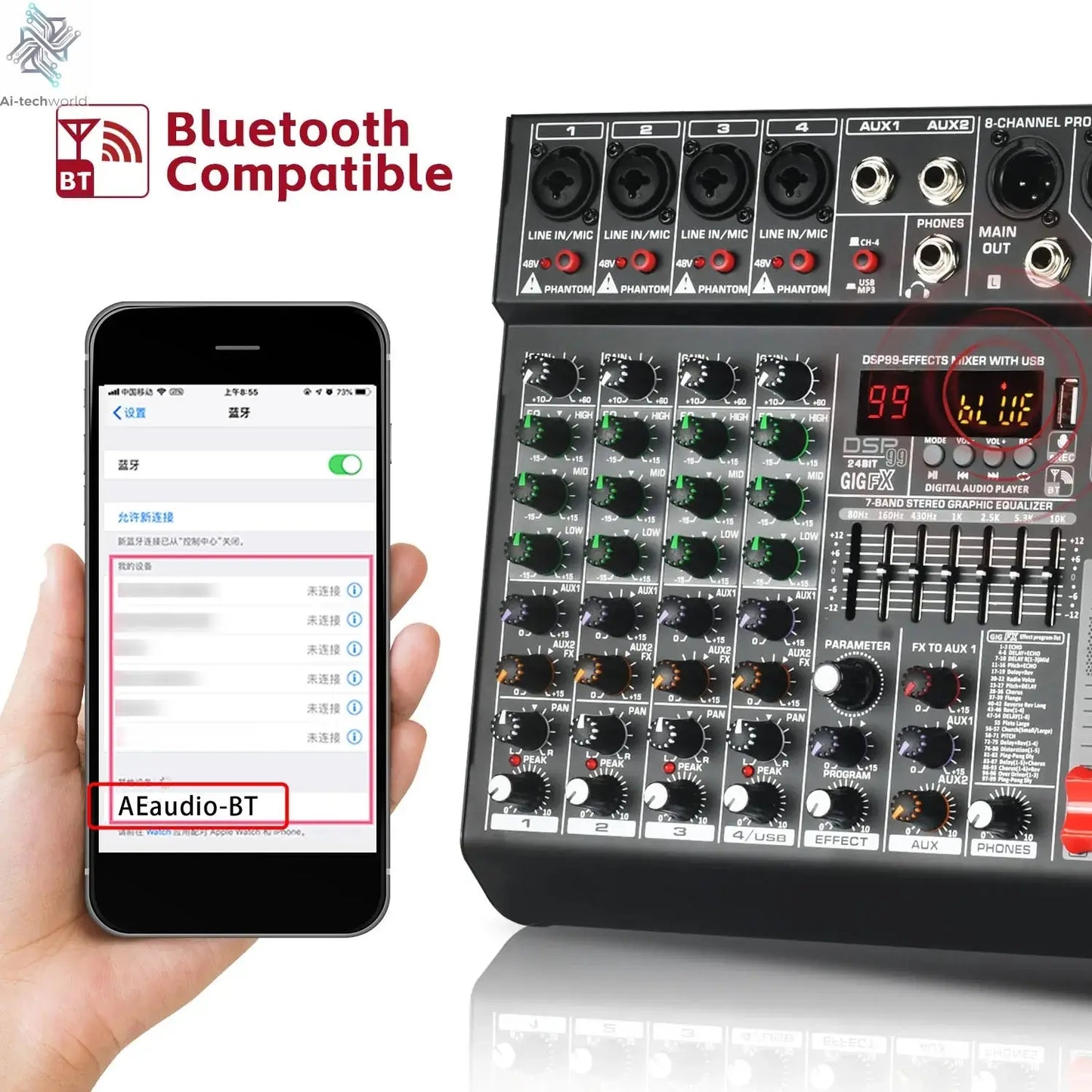 LOMEHO 8 Channels Mixing Console 99 DSP Effects 7 Band EQ 2 AUX Output 48V Audio Sound Mixer USB Bluetooth Dj Mix Table AM-GT8 Ai-TechWorld 