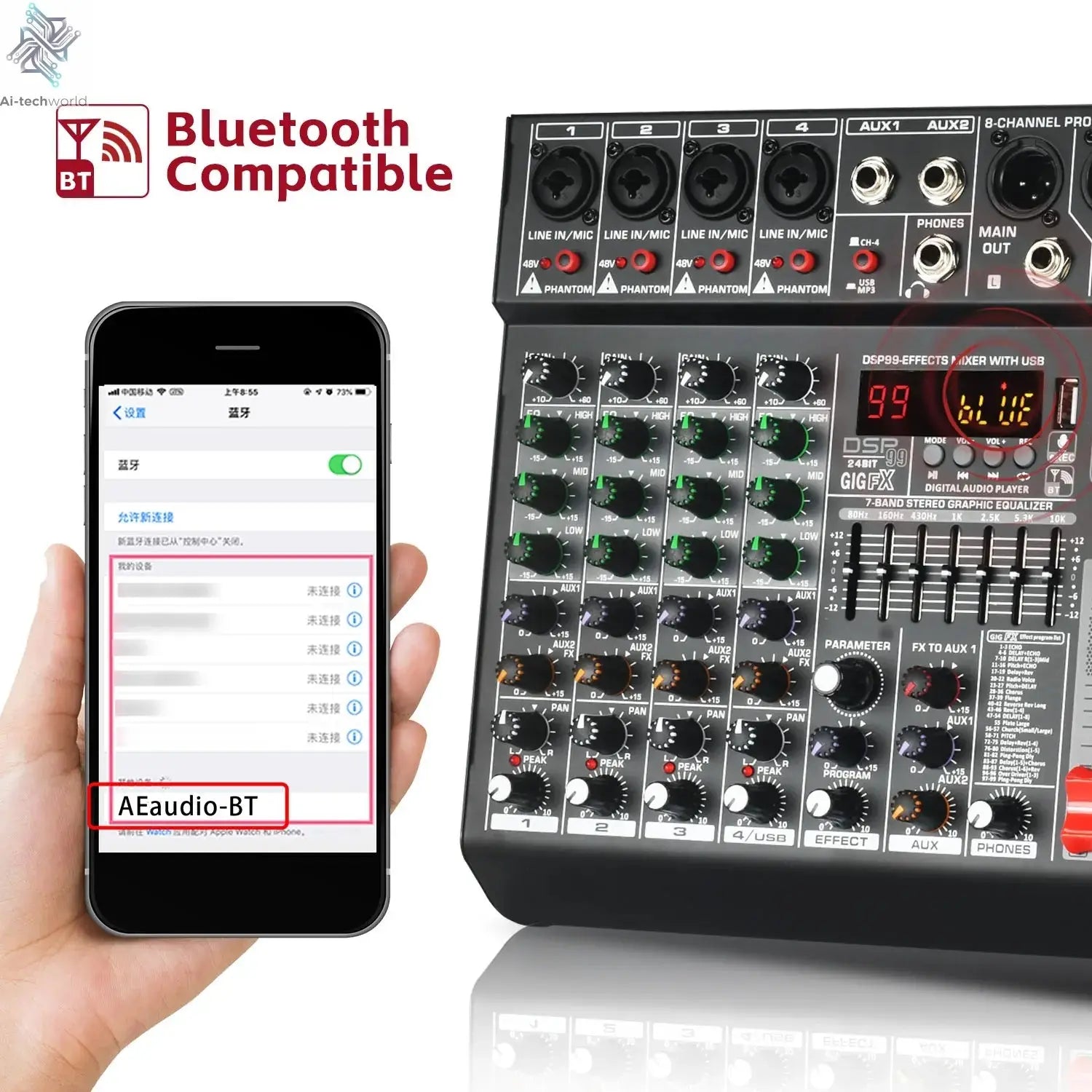 LOMEHO 8 Channels Mixing Console 99 DSP Effects 7 Band EQ 2 AUX Output 48V Audio Sound Mixer USB Bluetooth Dj Mix Table AM-GT8 Ai-TechWorld 