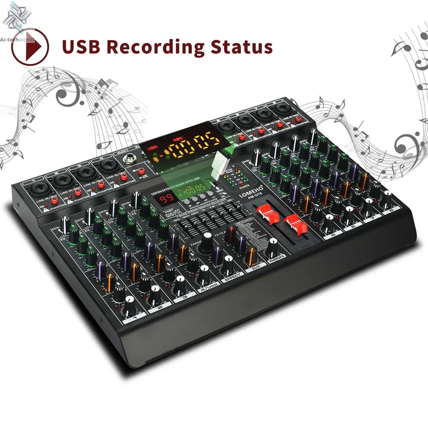 LOMEHO 8 Channels Mixing Console 99 DSP Effects 7 Band EQ 2 AUX Output 48V Audio Sound Mixer USB Bluetooth Dj Mix Table AM-GT8 Ai-TechWorld 