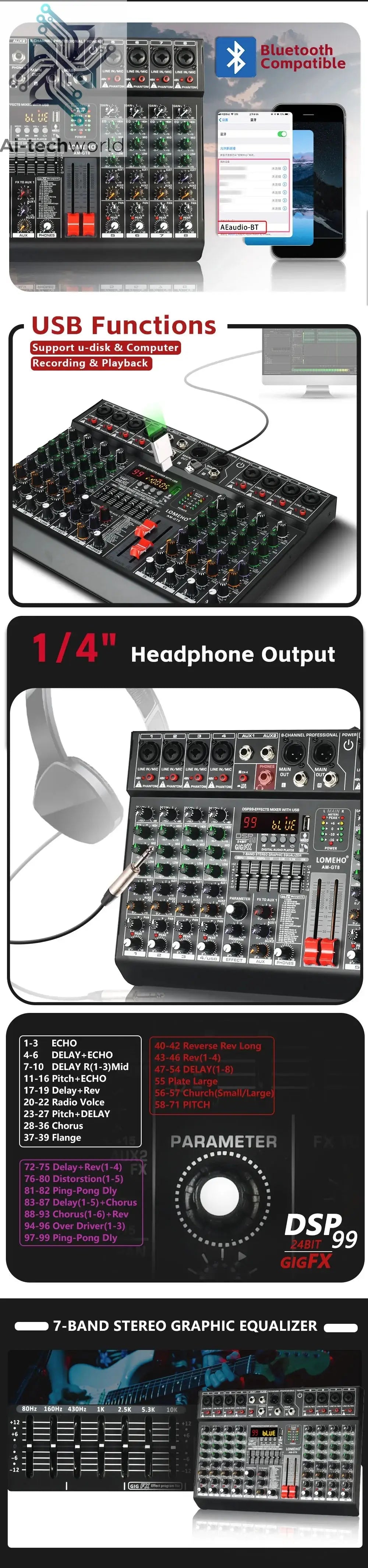 LOMEHO 8 Channels Mixing Console 99 DSP Effects 7 Band EQ 2 AUX Output 48V Audio Sound Mixer USB Bluetooth Dj Mix Table AM-GT8 Ai-TechWorld 